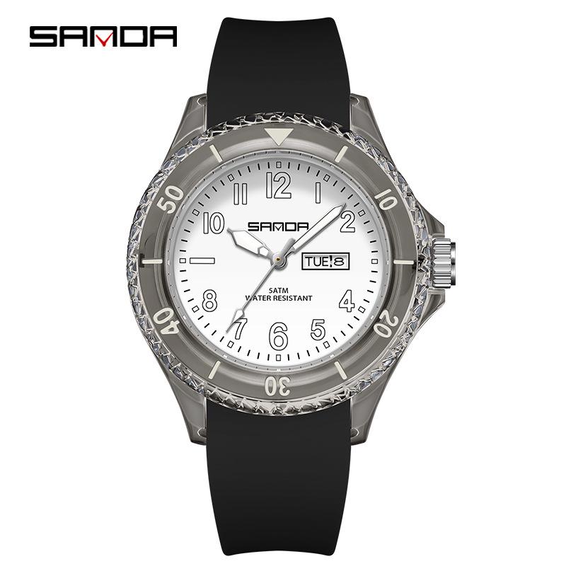 Sanda Student Sports Watch: Waterproof Quartz with Double Calendar, Transparent Case - Fashionable and Personalized for Kids.