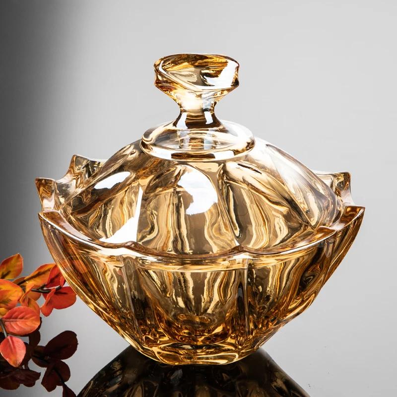

Европейский стиль бессвинцовый хрустальный стеклянный поднос для конфет домашний гостиный фруктовый поднос с крышкой банка для хранения сухофруктов закуски большой золотой