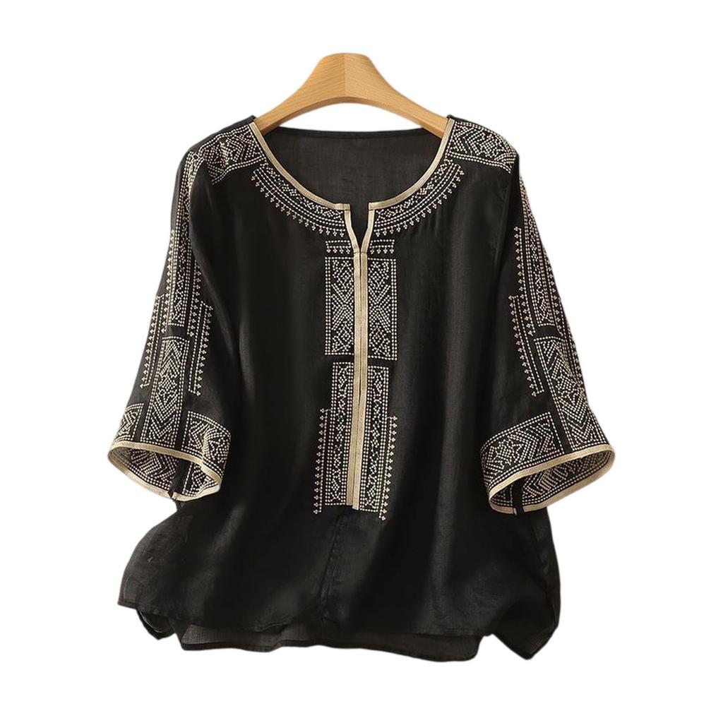 Fashionable Women's Cotton Linen Embroidered V-neck Short-sleeved T-shirt, Loose Summer Top
