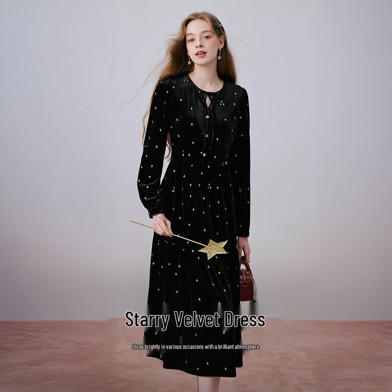 Women's Elegant Embroidered Velvet Midi Dress