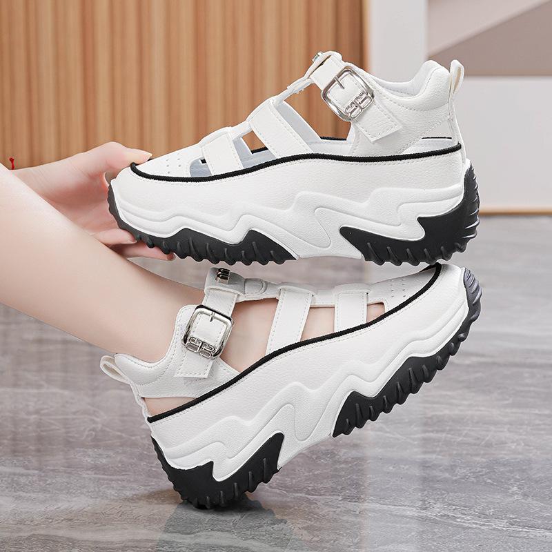 Platform dad shoes sandals 2025 summer new hollow inner height increase casual shoes muffin small Roman sandals