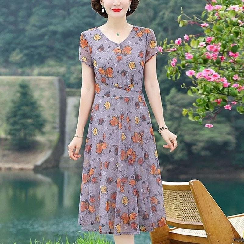 Damen Sommer Rosa Floral V-Ausschnitt Kurzarm Midi Freizeitkleid