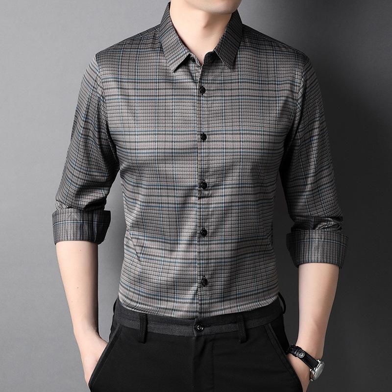 Allover Print Men Business Shirt Plaid Pattern T-Shirts Office Casual Gentleman Long Sleeve Shirts
