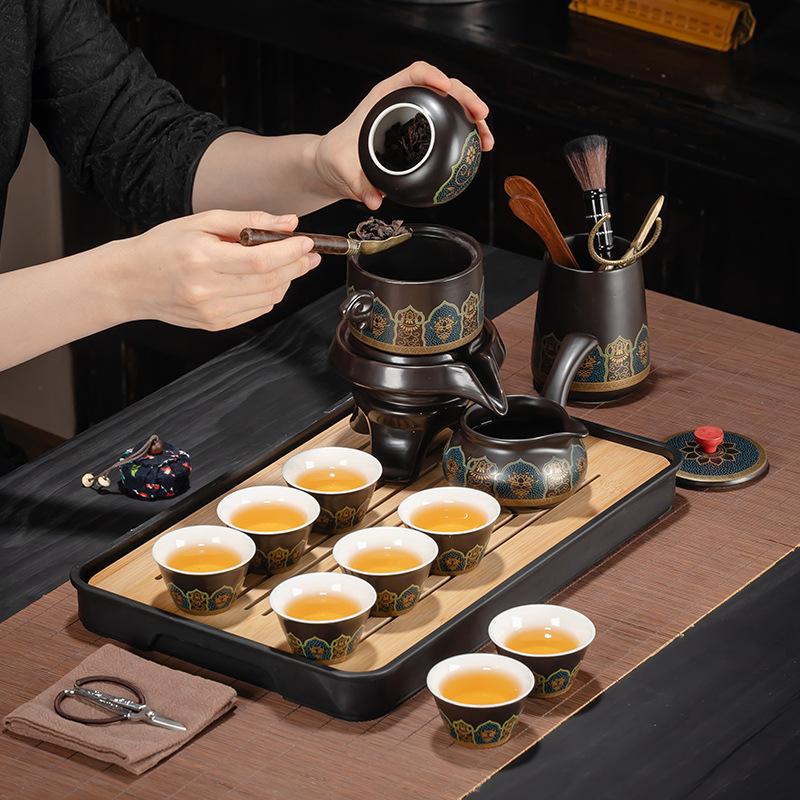 High-end black ancient rhyme tea set, home office light luxury automatic lazy tea set, a complete set of custom-printed holiday gifts