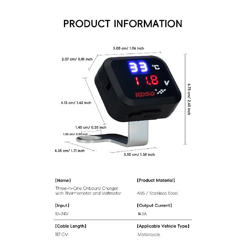 3in1 Mini Water Temperature Gauge Voltmeter Motor Phone USB Charger Emergency Charging LCD Digital Display Universal For KTM