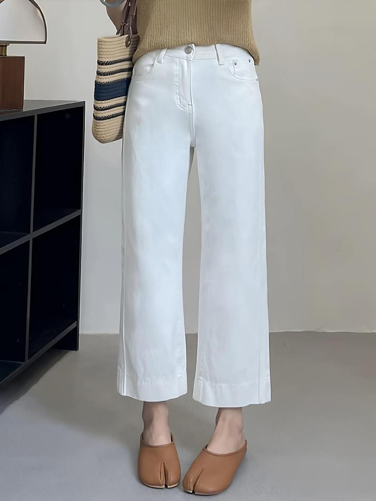 Plus Size White High Waist Straight Leg Jeans for Women - Slimming Chubby Girls’ Petite Cropped Elastic Pants for Autumn