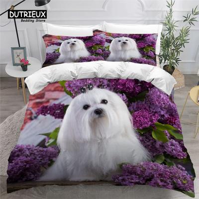 Niedliches Malteser Hund Bettbezug Set Haustier Hunde Thema Bettwäsche Set Mikrofaser Kawaii Tier Bettdeckenbezug Einzelkönig für Kinder Jugendliche