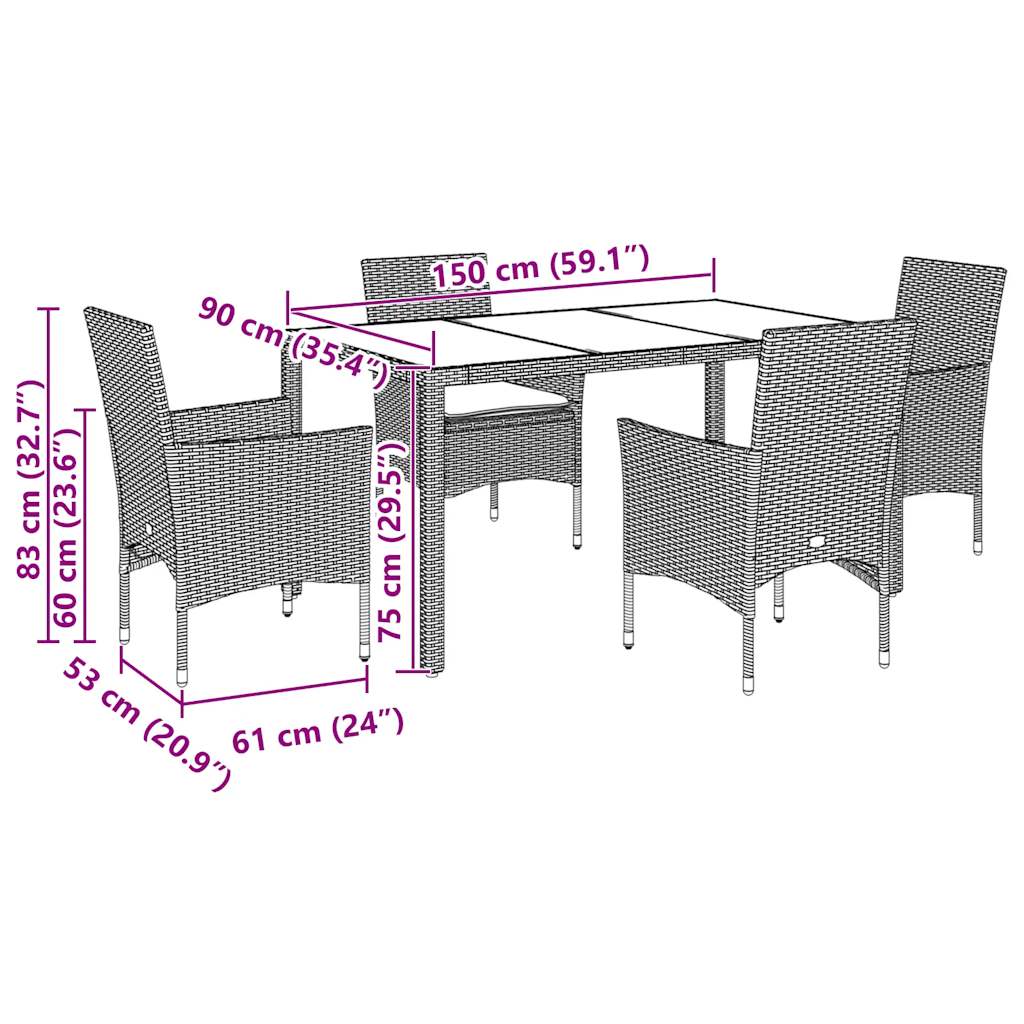 5 Piece Outdoor Dining Set with Cushions Light Grey Poly Rattan Glass Table