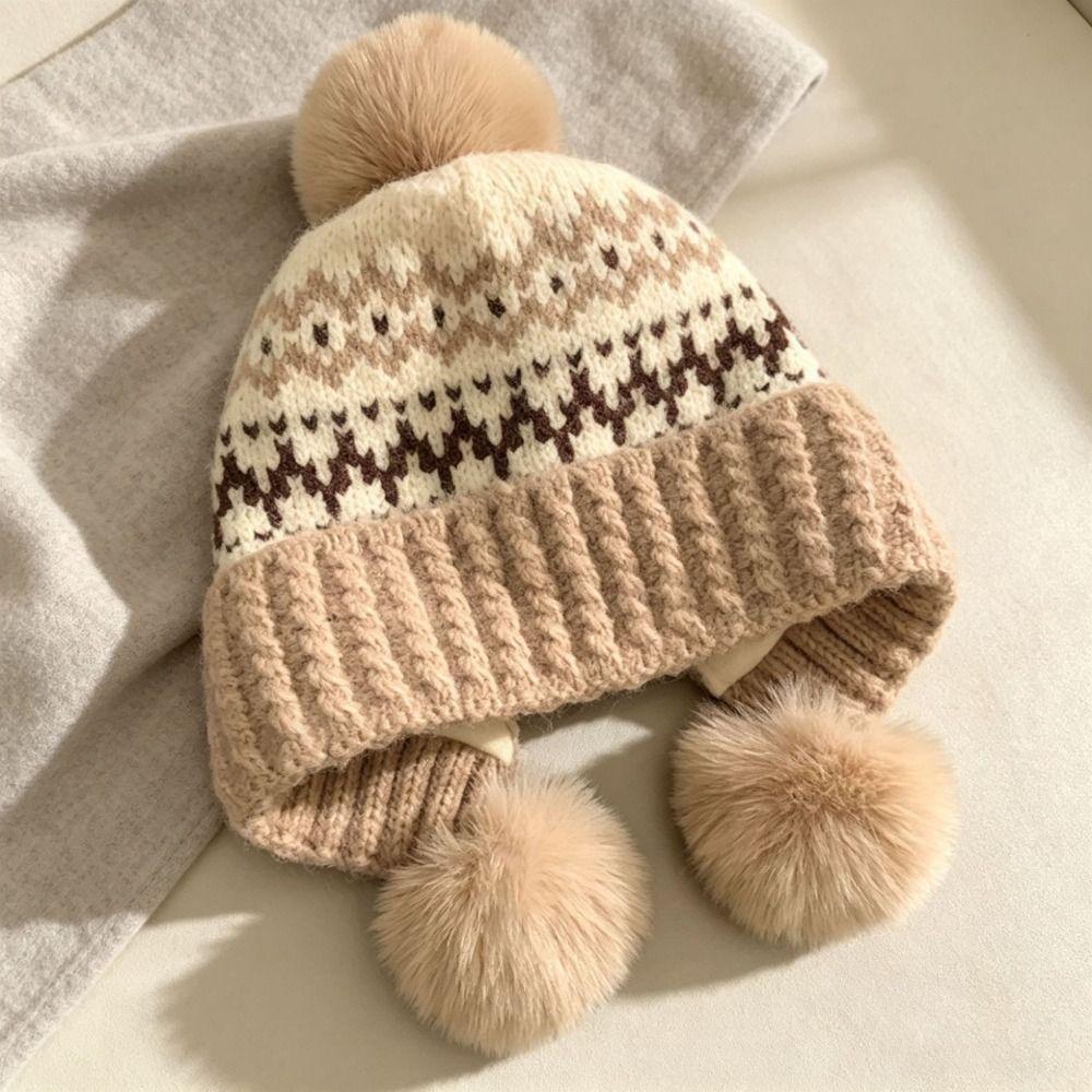 with Pom Poms Ear Flap Knitted Hat Ear Protection Winter Knit Hat Cold Proof Hat For Women