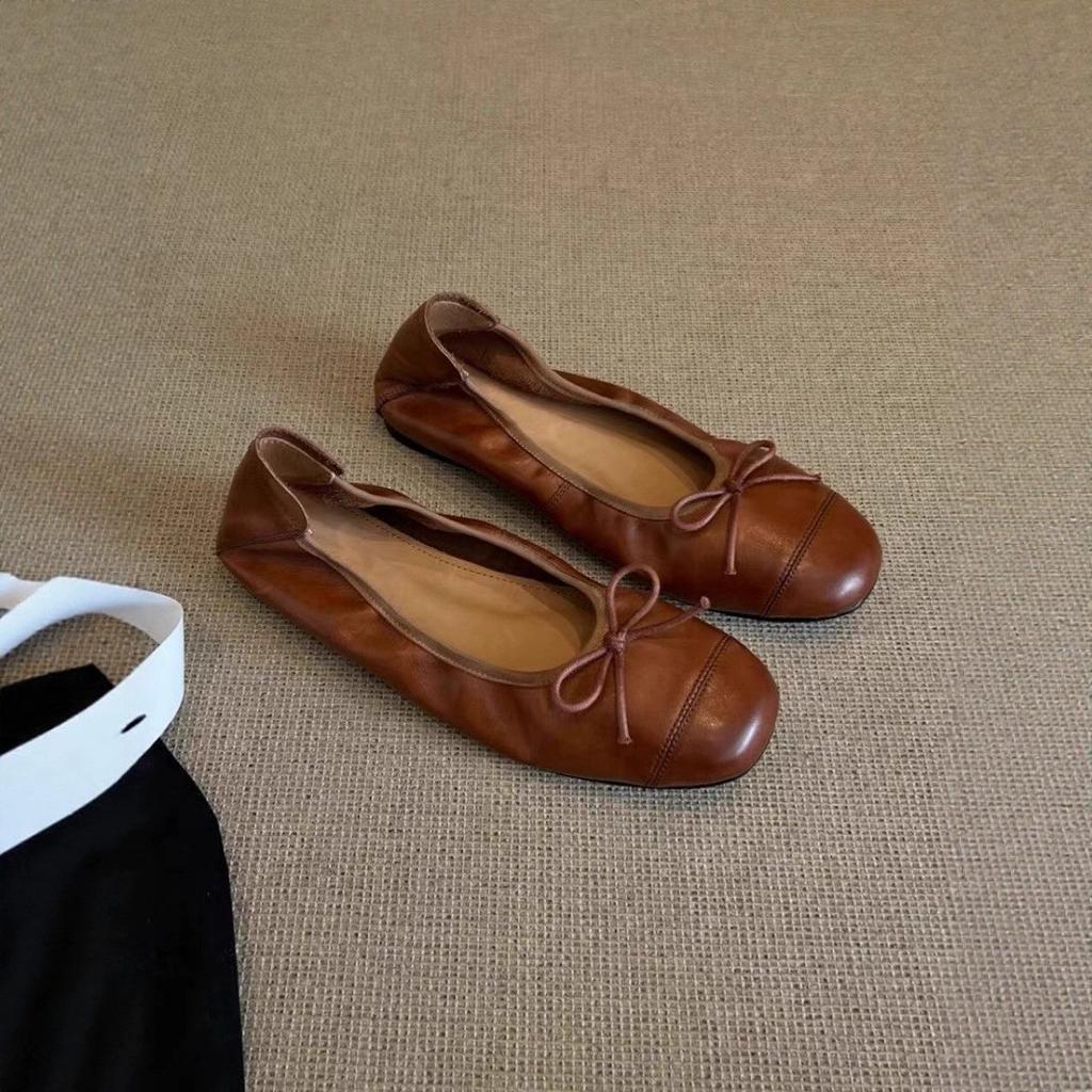 Sheepskin version~ Giant soft ballet shoes women's round head shallow mouth flat-soled single shoes French evening wind bow genuine leather grandm