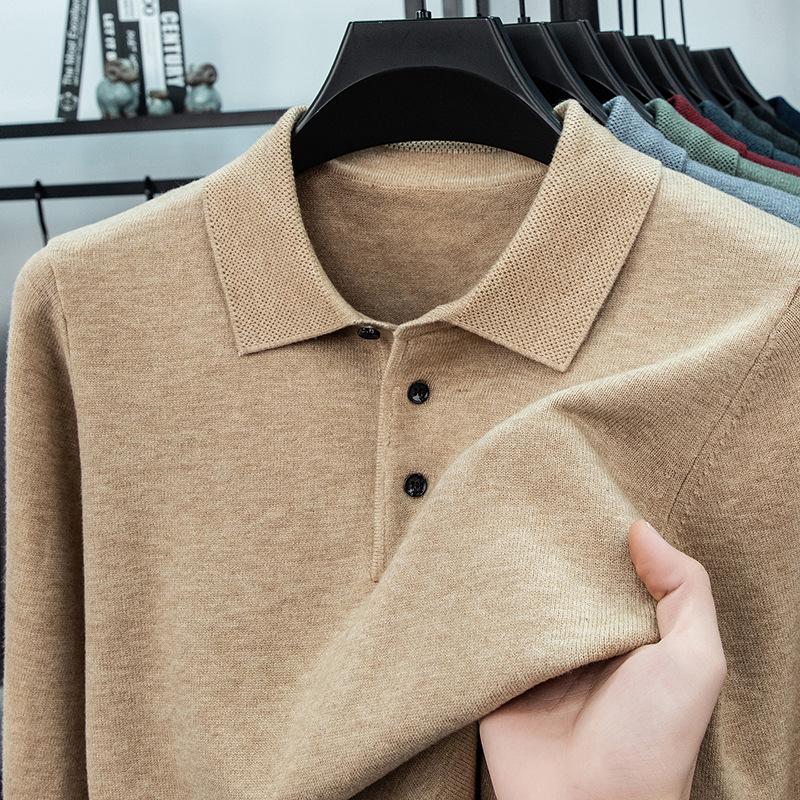 Men's Lapel Solid Color Warm Knit Sweater - Thickened Wool, Cashmere Feel, 2025 Autumn/Winter Collection