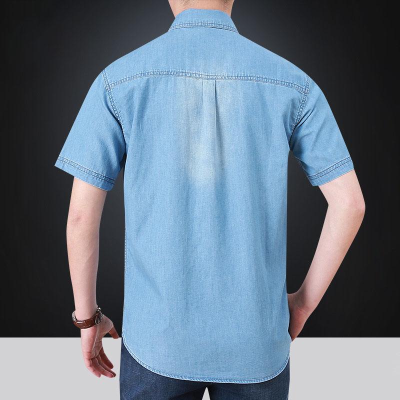 Herren Multi-Taschen Denim Werkzeughemden Sommer Kurzarm Blaue Jeanshemden Herren Baumwolle Freizeithemden Größe 5XL