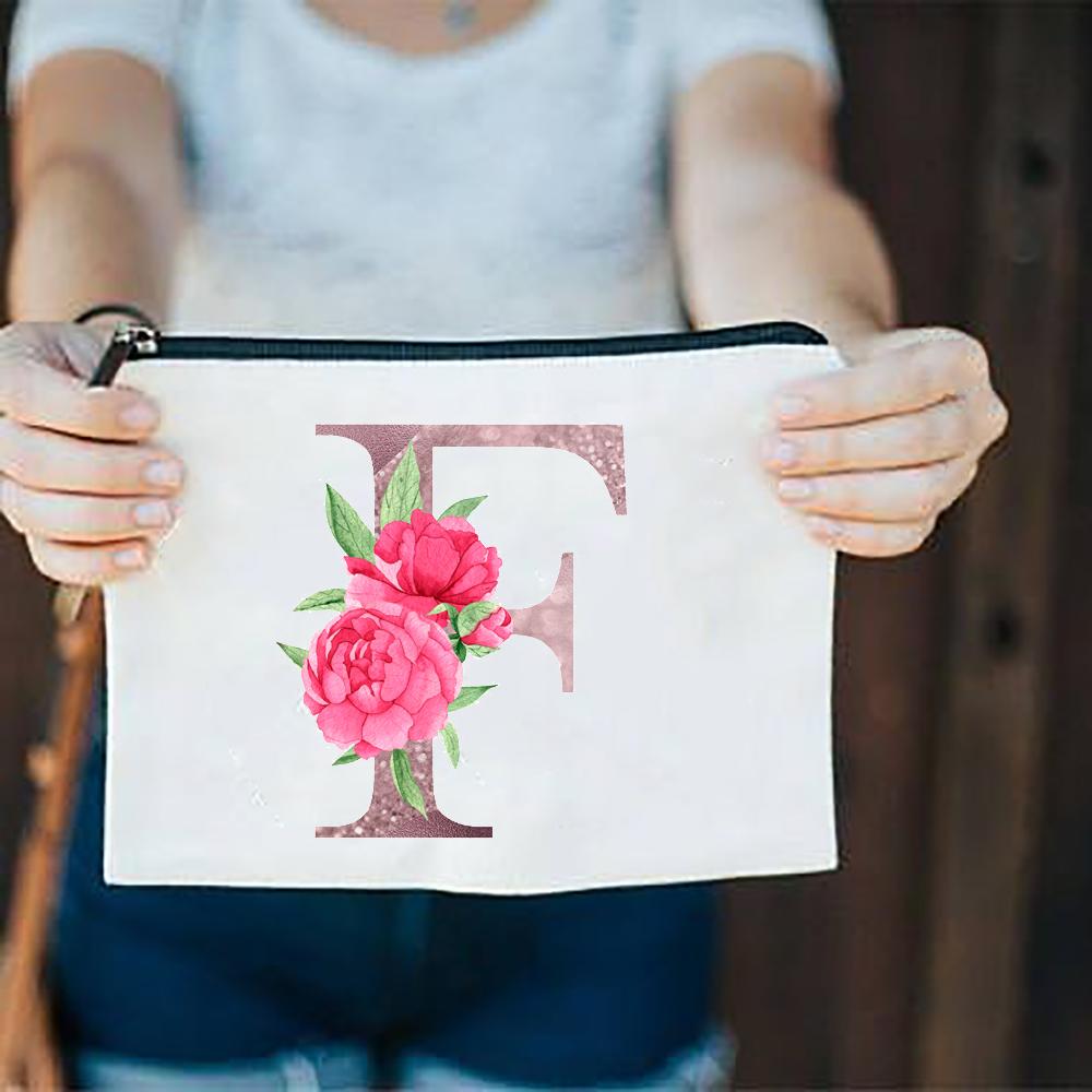 Pink Flowers Alphabet A-Z White Canvas Makeup Bags Zipper Cosmetic Pouch Ladies Casual Fashion Storage Organizer Make Up Bag