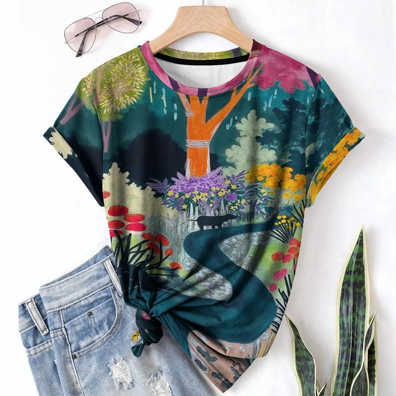 T-shirt da donna estiva a girocollo a maniche corte con motivo astratto stampato in 3D, artistica, leggera, casual e alla moda