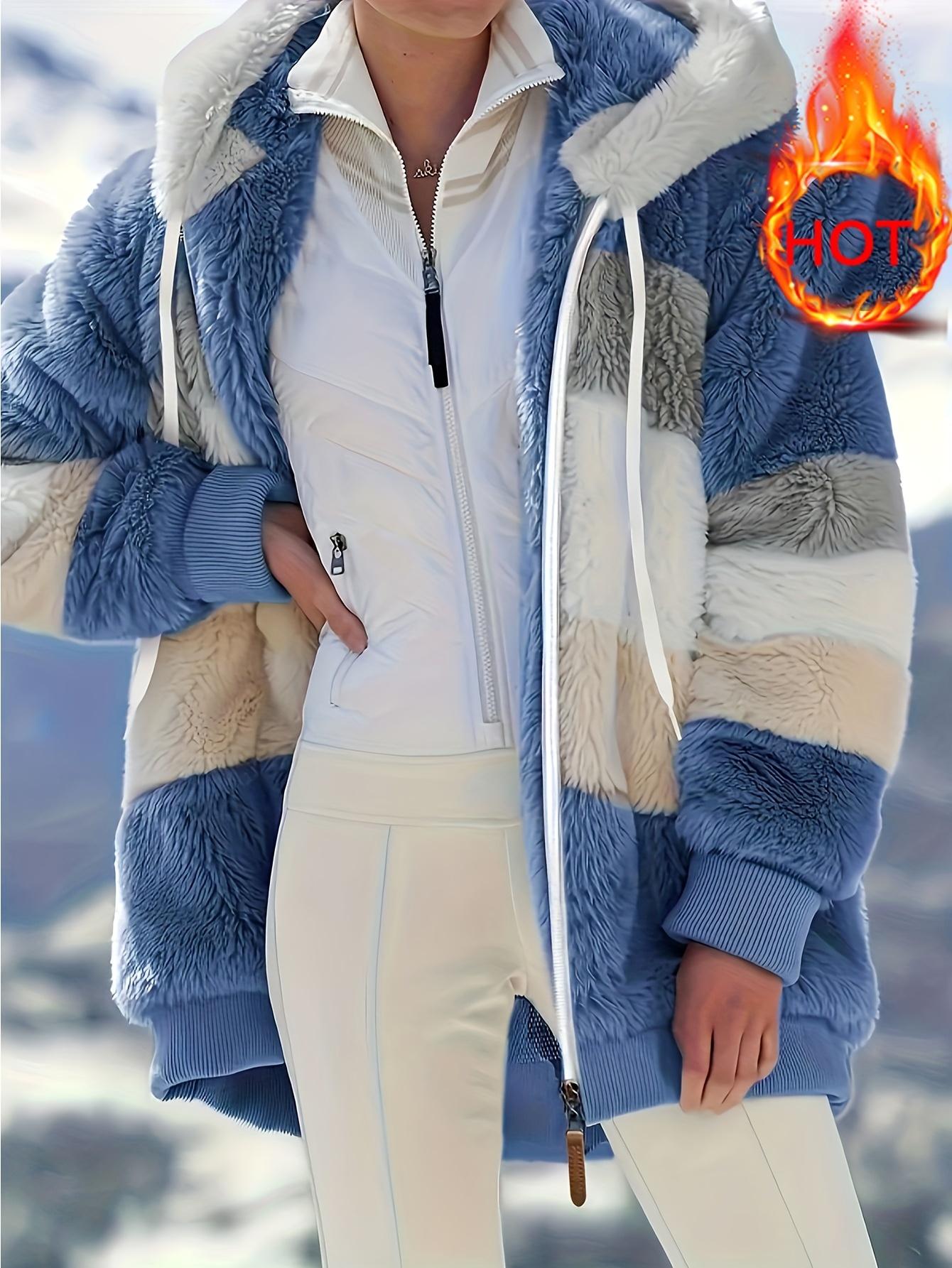 

2025 Autumn And Winter Warm Plush Patchwork Zipper Pocket Hooded Loose Jacket Women XL синій