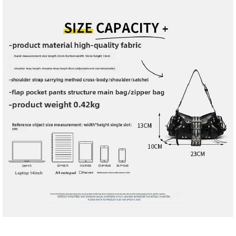 Women's Y2k Punk Vintage Shoulder Purse PU Leather Gothic Rivet Handbag Waist Bag Luxury Black Cross Body Bags with Spikes