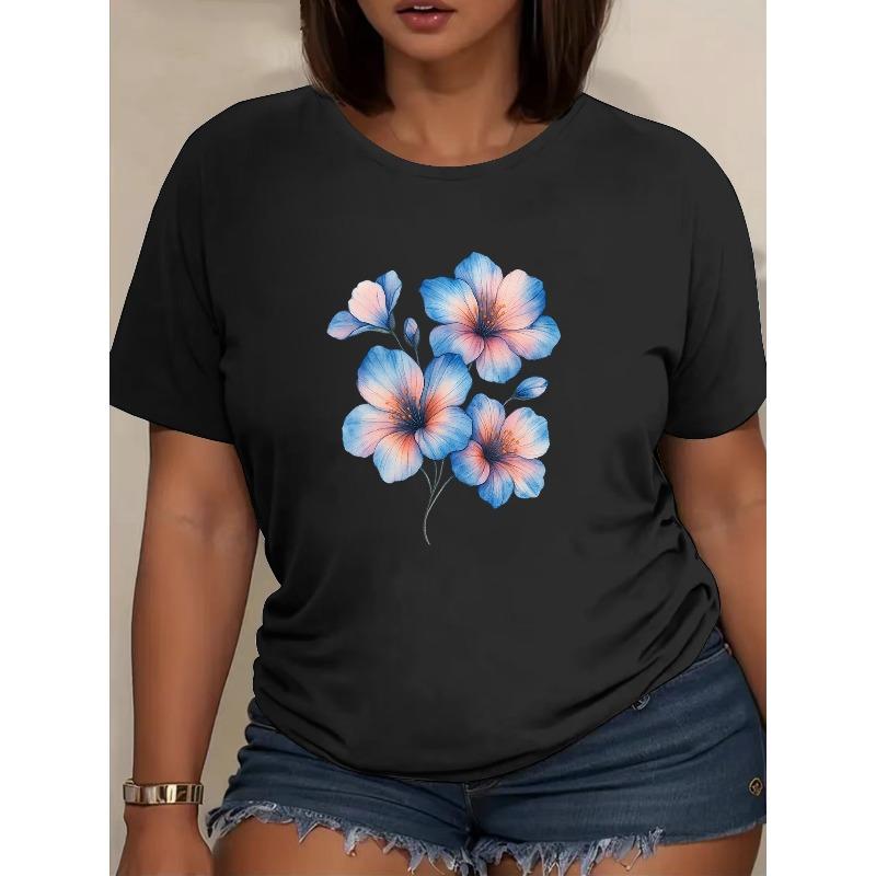 

European Size Women S Blue Beyond Flower Printed Artistic Short-sleeved Shirt | Fashionable and Casual T-shirt, Soft and Breathable 4XL чорний