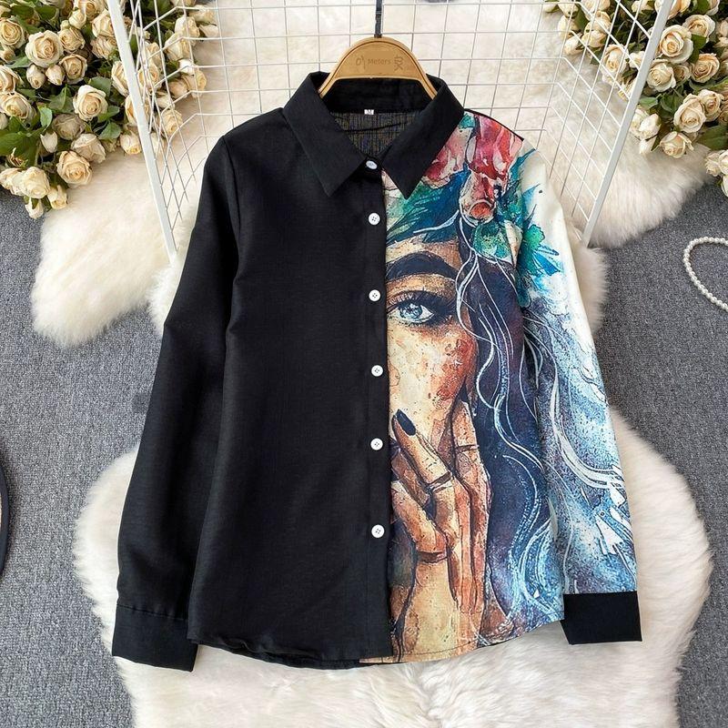 

Long Sleeves Loose Single-Breasted Positioning Print Casual Shirt Black Girl XL