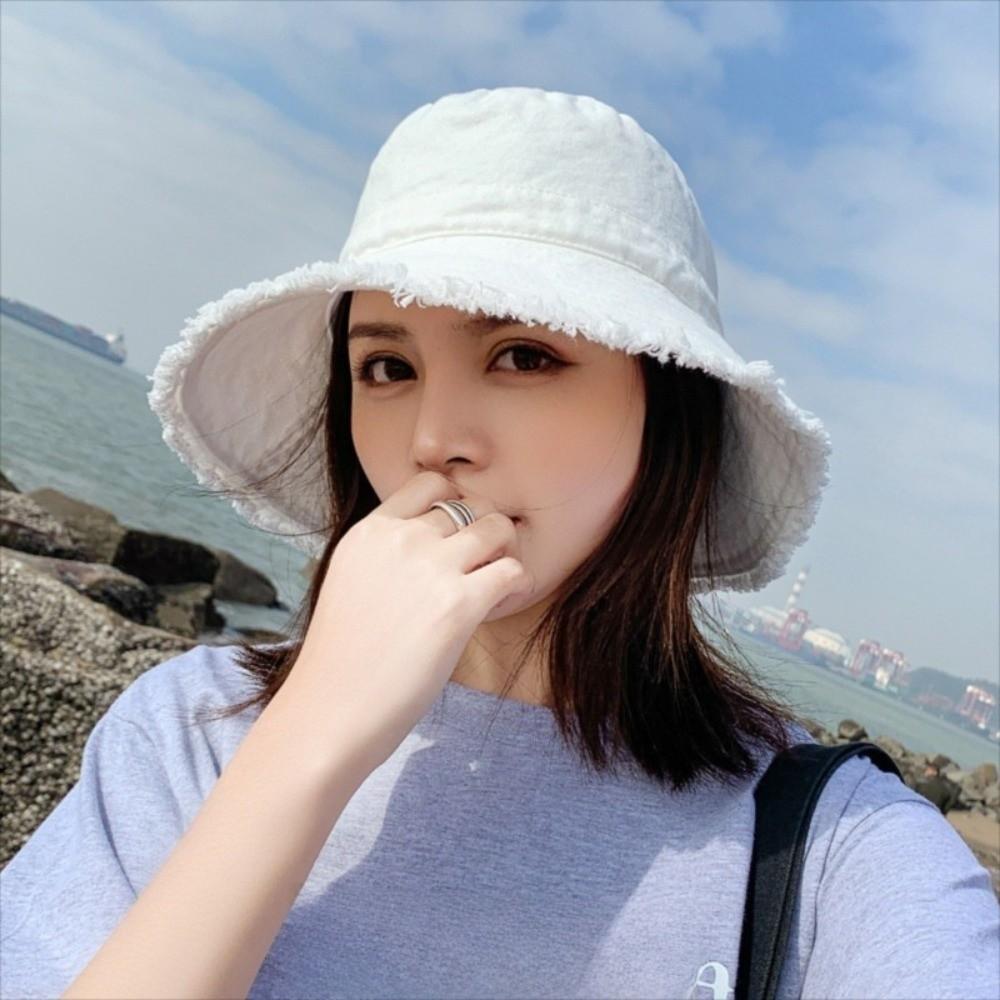 Sunscreen Denim Bucket Hat Big Brimmed Sunscreen Hat Sweet Jeans Fisherman Hat  Lady