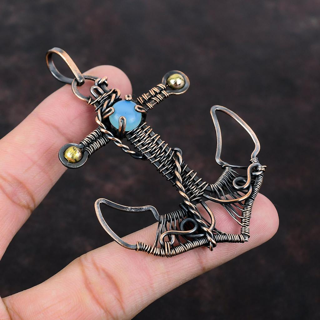 Blue Chalcedony Pendant Copper Wire Wrapped Pendant Handmade Pendant Copper Jewelry Anchor Pendant Genuine Gemstone Pendant Anniversary Gift
