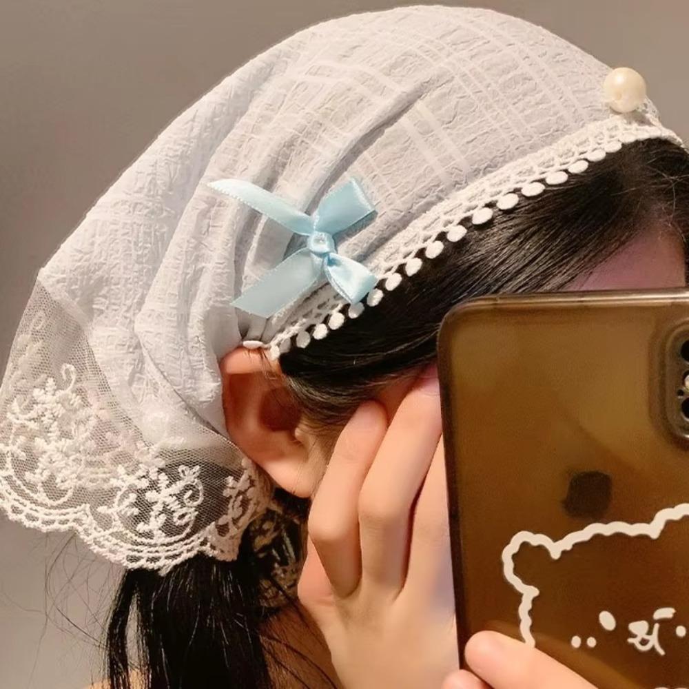 

Pearl Triangle Hair Band Retro Style Sunscreen Headscarf Lace Bow Hair Scarf Women