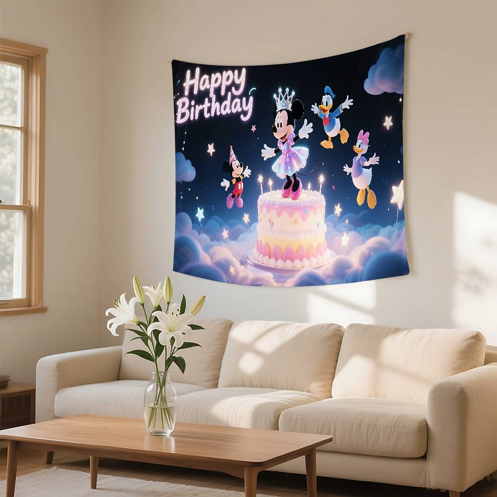 MMickey MMouse Happy Birthday Tapestry Wall Hanging Tapestry Art Deco Blanket Curtain Hanging At Home Bedroom Living RoomDecor