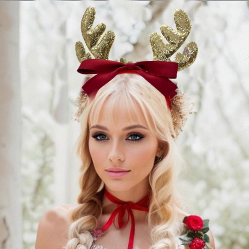 Christmas Decorative Antler Hairhoop Christmas Party Bowknot Headband Festival Accessories Hairhoop for Family Gathering  Red