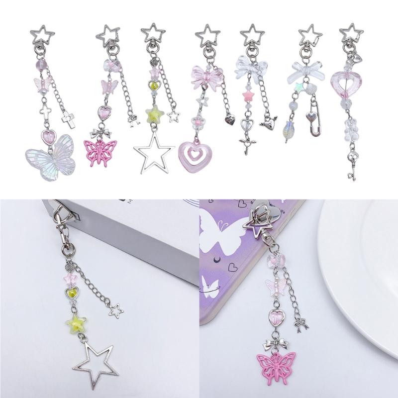Butterfly Beaded Phone Lanyard Bowknot Pendant Wrist Strap Detachable Phone Chains Keyring Portable Accessory for Women