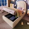 Children's Bed Upholstered Bed 90x200cm, Hydraulic Single Bed, Semicircular Headboard, Cartoon Pattern, Boys & Girls, PU, Beige, Without Mattress