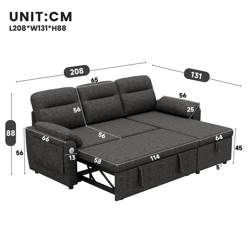 L-förmiges Ecksofa mit links/rechts ausziehbarer Ottomane, Schlaffunktion, Stauraum in der Ottomane, USB/Typ-C-Panel, Chenille-Stoff, Grau.