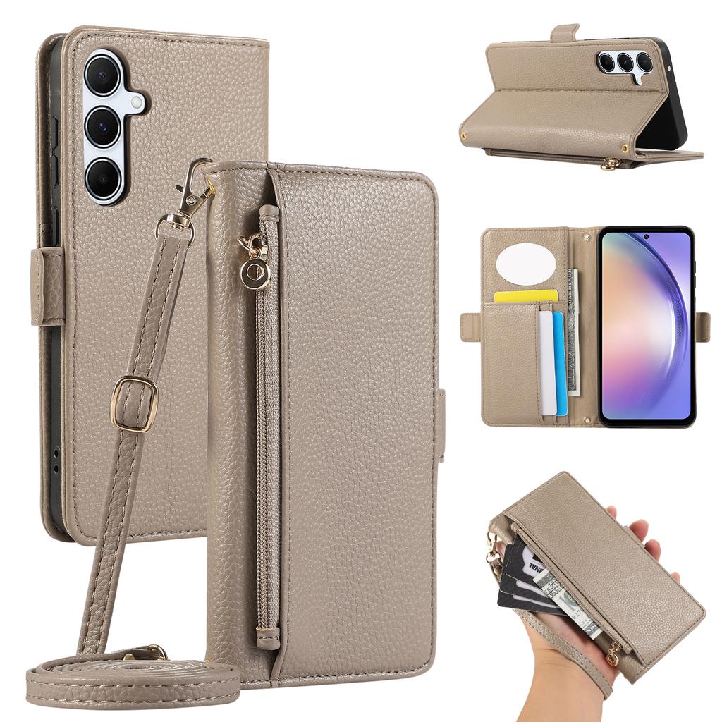 For Samsung Galaxy A35 5G Wallet Phone Case Shockproof TPU+PU Leather Flip Cover with Mirror,Strap