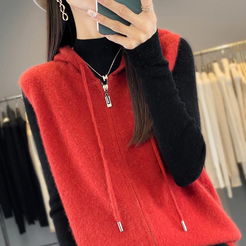 2025 A/W Hooded Wool Knit Vest - Zippered Sleeveless Sweater Coat