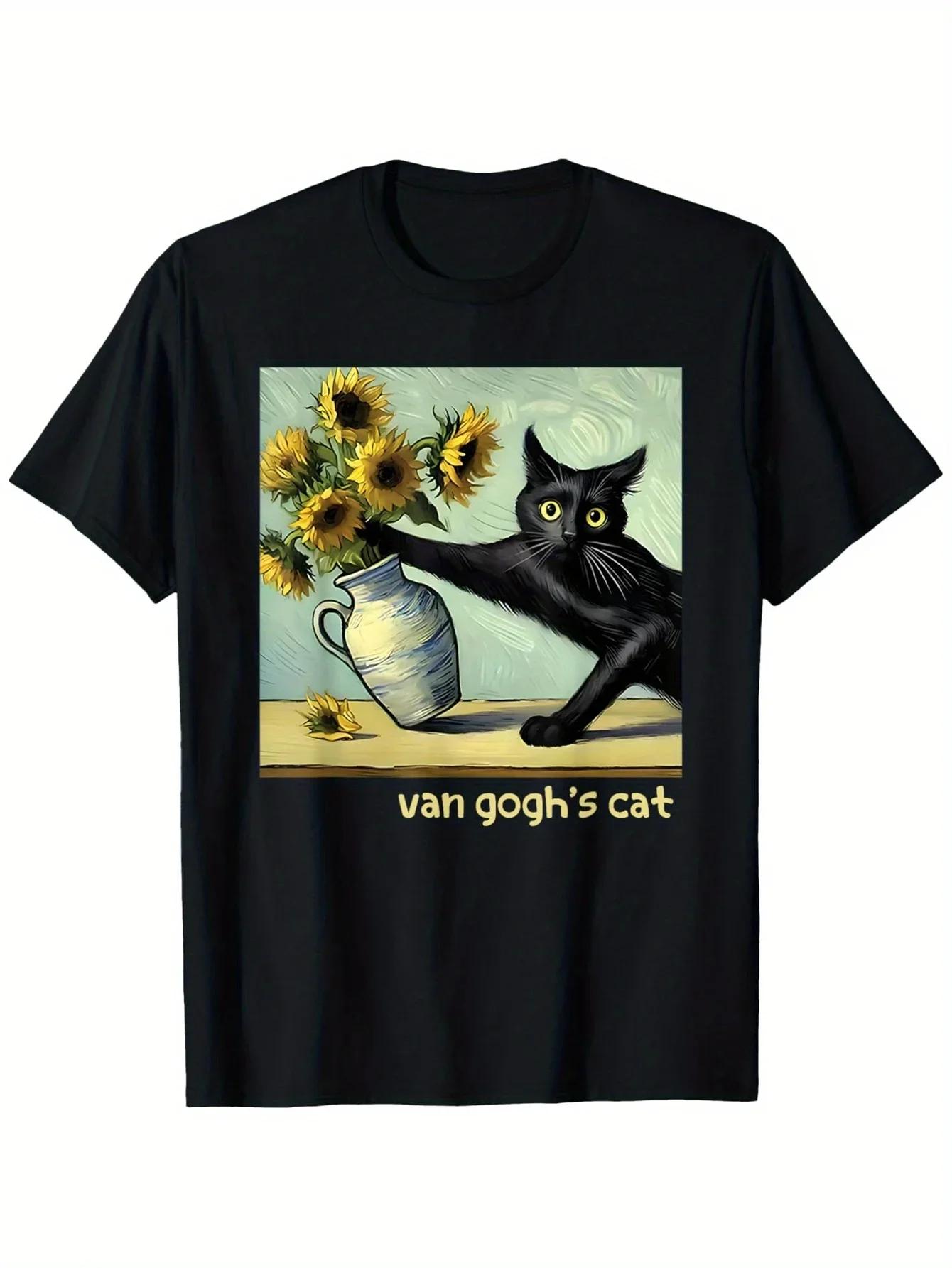 

Vintage Women TShirt Pretty Women Floral Van Gogh Black Cat Sunflowers Art Tee Shirt For Fans Summer Spring S