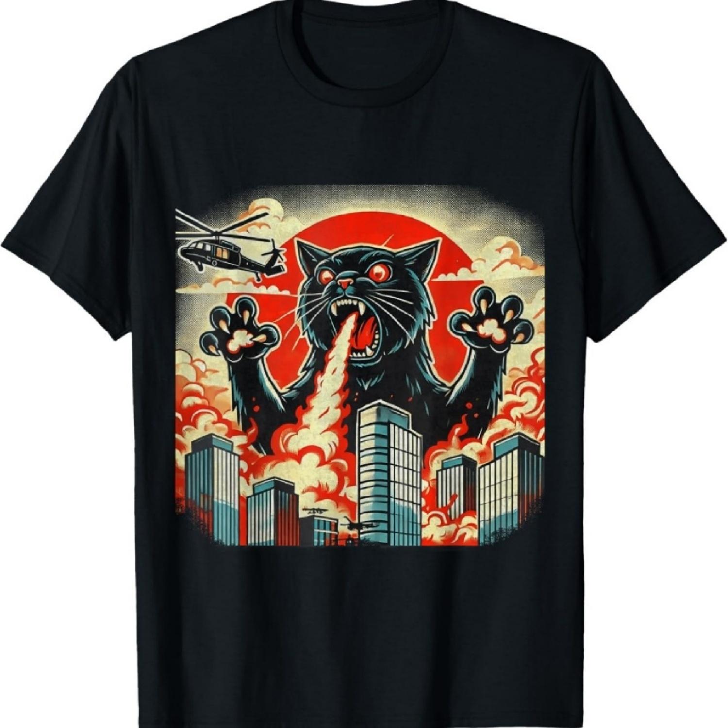 

Catzilla Cat Japanese Art Funny Cat Gifts For Men Women Kids T-Shirt S