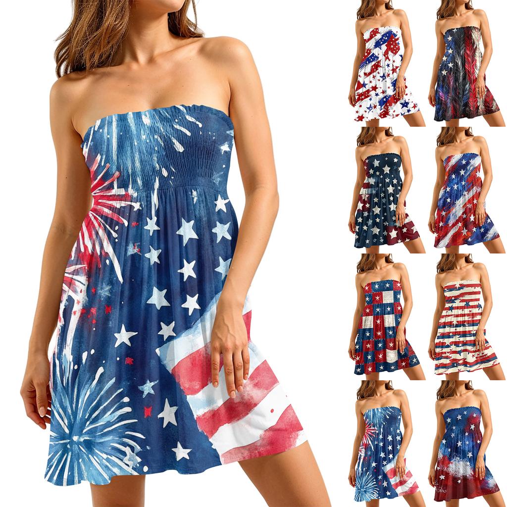 Women’s Strapless Casual Dress Sleeveless Tube Top Sundress with Firework and Star Pattern for Summer Holiday Beach Wear