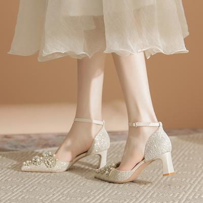 Pearl Bag Head Hollow Sandals Women's Spring New Pointed Single Shoes Women's Thick Heels Are Not Tired of High Heels