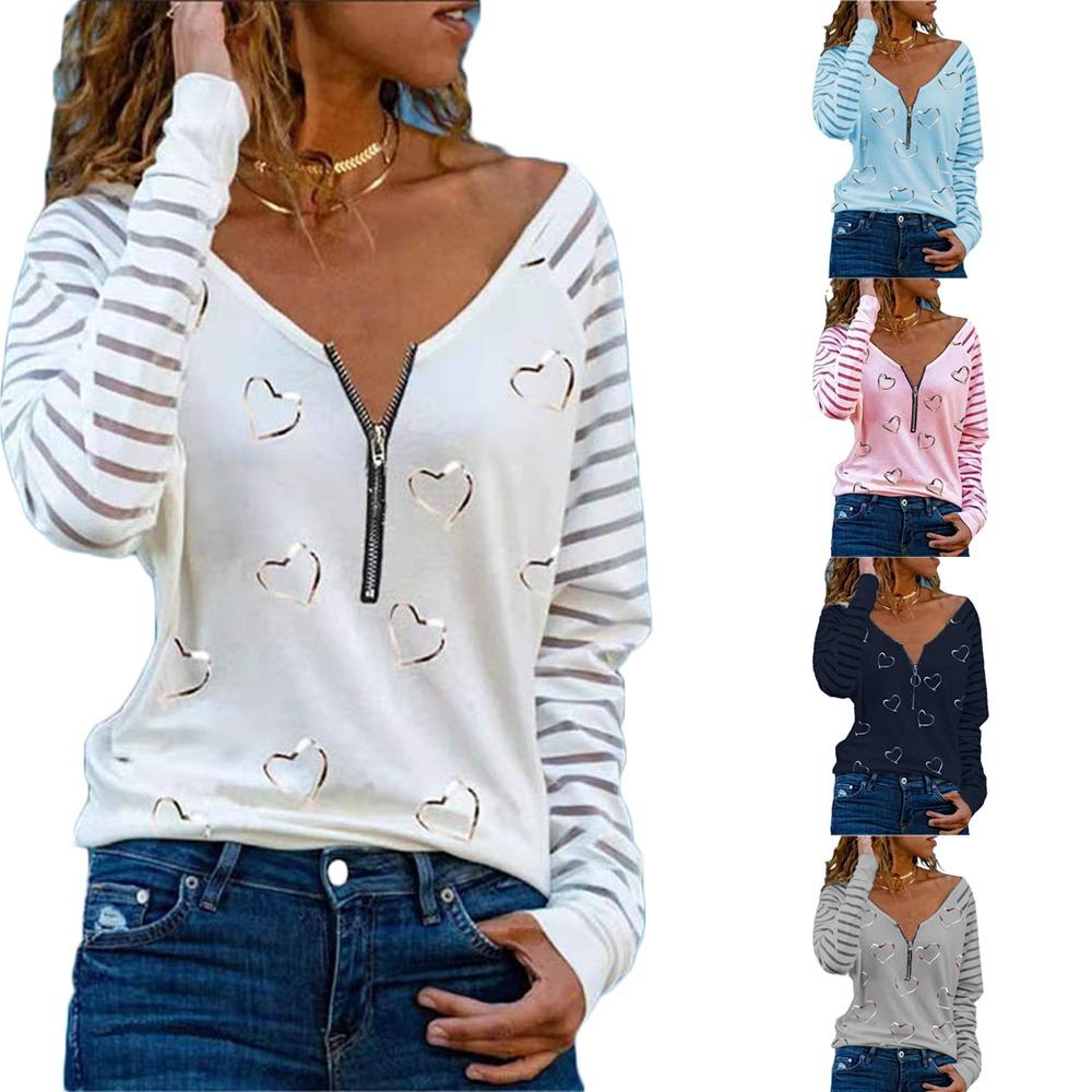 Autumn Winter Europe and America New Love Printing Zipper Long Sleeve T-shirt Women