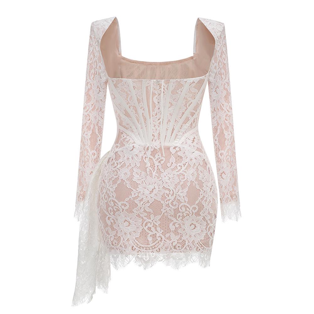 Europäisches & Amerikanisches Sexy Spitzen-Netz-Kleid mit Fischbein-Taillenformer – Langärmlig, Herbst/Winter Kurzer Rock