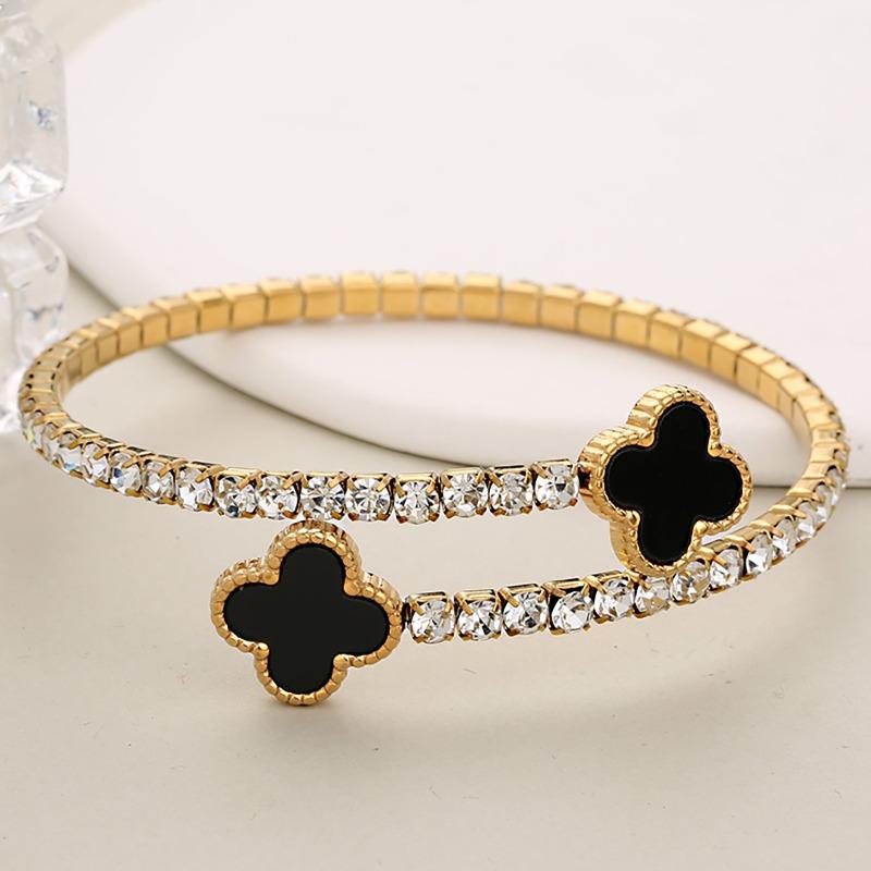 Fashionable Light Luxury Single Row Crystal Zirconia Inlaid Clover Open Claw Chain Stainless Steel Bracelet