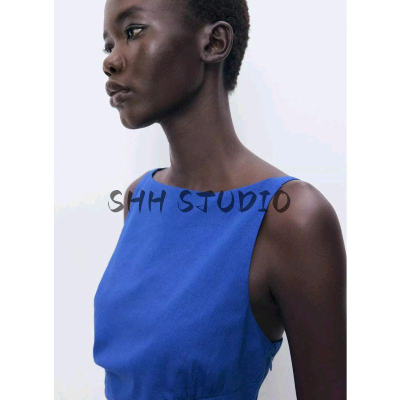 Summer Women's Clothing French Linen Blended round Neck Sleeveless Waist Ruched Decorative Short Dress 17072536