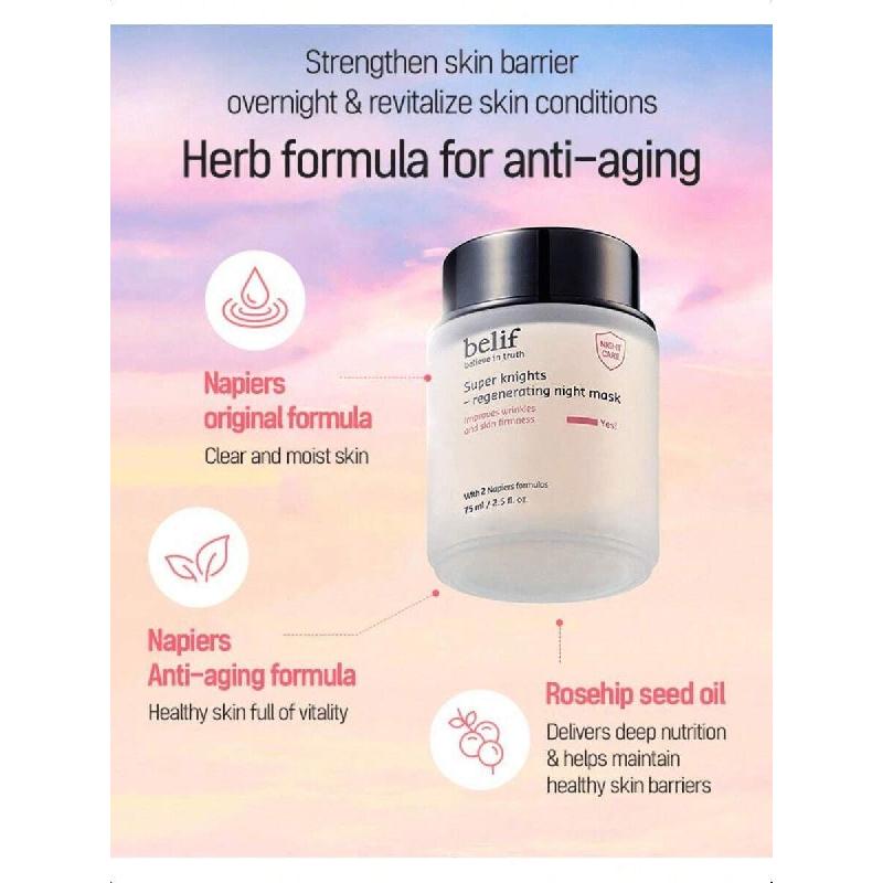 Belif Super Knights Mască de Noapte Regeneratoare 75ml, Îngrijire Riduri Fermitate K-Beauty, Hidratare Profundă, Anti-Îmbătrânire