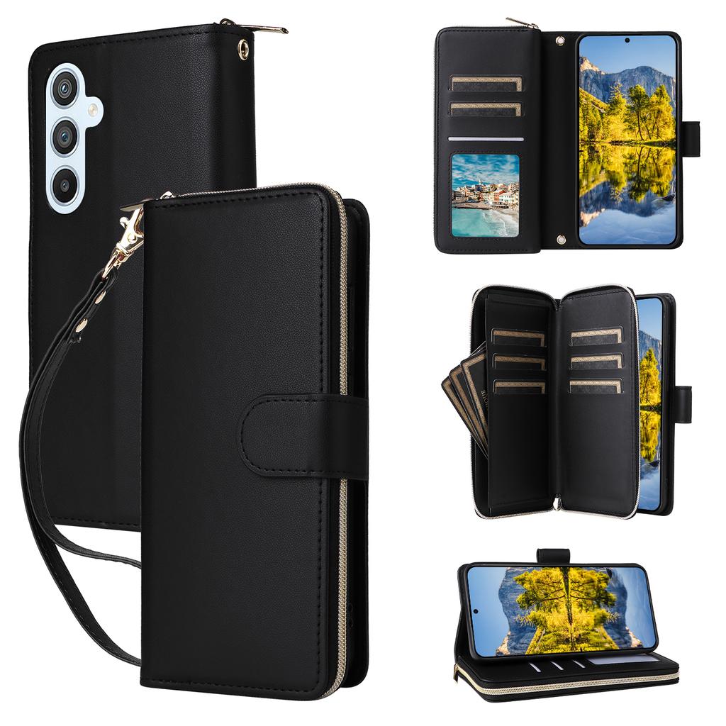 R20 For Samsung Galaxy A54 5G Case 9 Card Slots PU Leather Phone Cover with 2 Straps