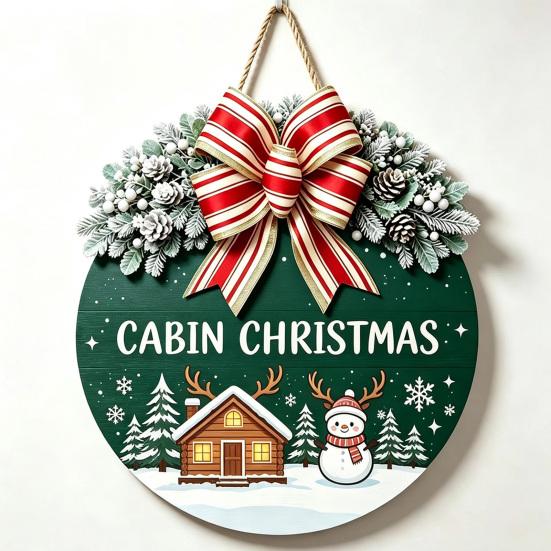 Decorative Pine Cone Sign Christmas Wooden Welcome for Front Door, Round Hanging Ornament with Solid Wood Plate Artificial Branches & Bow Decor