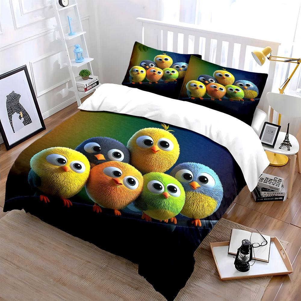 Adorable Colorful Birds In A Row Bedding Set For Kids Luxury Gift 3Pcs Digital Print Comforter Set Soft Comfortable Breathable
