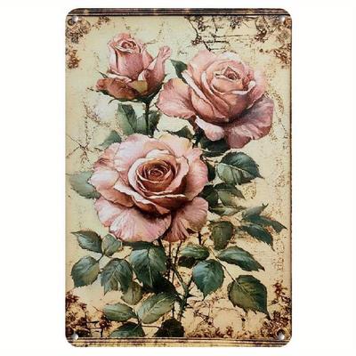 2D Flach, 1 Stück Vintage Valentinstag Rose Metallschild - 8x12 Zoll Florale Wandkunst mit rosa Rosen & grünen Blättern, Rustikales Eisen