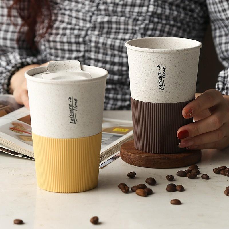 Eco-friendly Straw Wheat Drinking Cup Portable Plastic Coffee Cups with Lid Travel Camping Convenient Easy Carry Travel Bottle