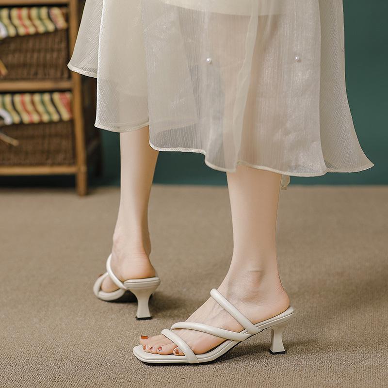 High-heeled Slippers, High-end Exterior Wear Fashion, Thin Heels 2025 New Summer Nude French Square Head One-word Cool Slippers