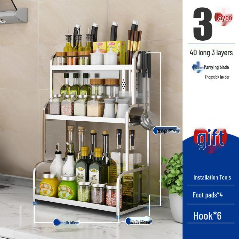 Stainless Steel Multi-layer Kitchen Rack: Spice, Knife Holder & Storage