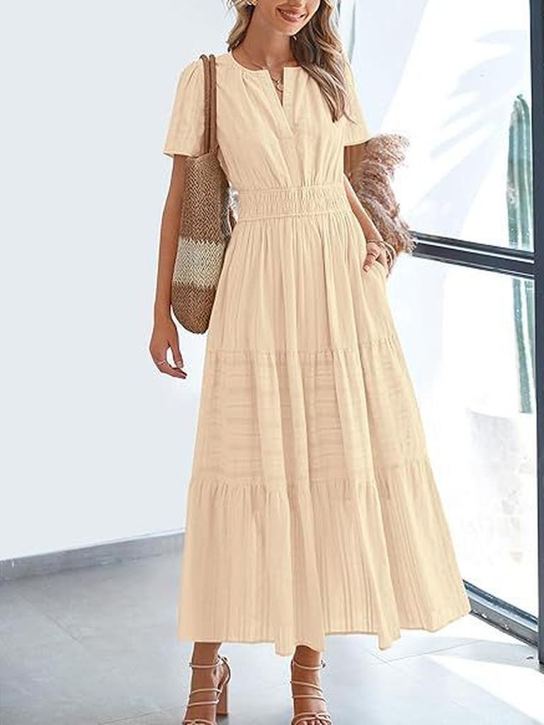 Spring/Summer Women's Fashion V-Neck Ruffled Bubble Sleeve Layered Maxi Dress for Women