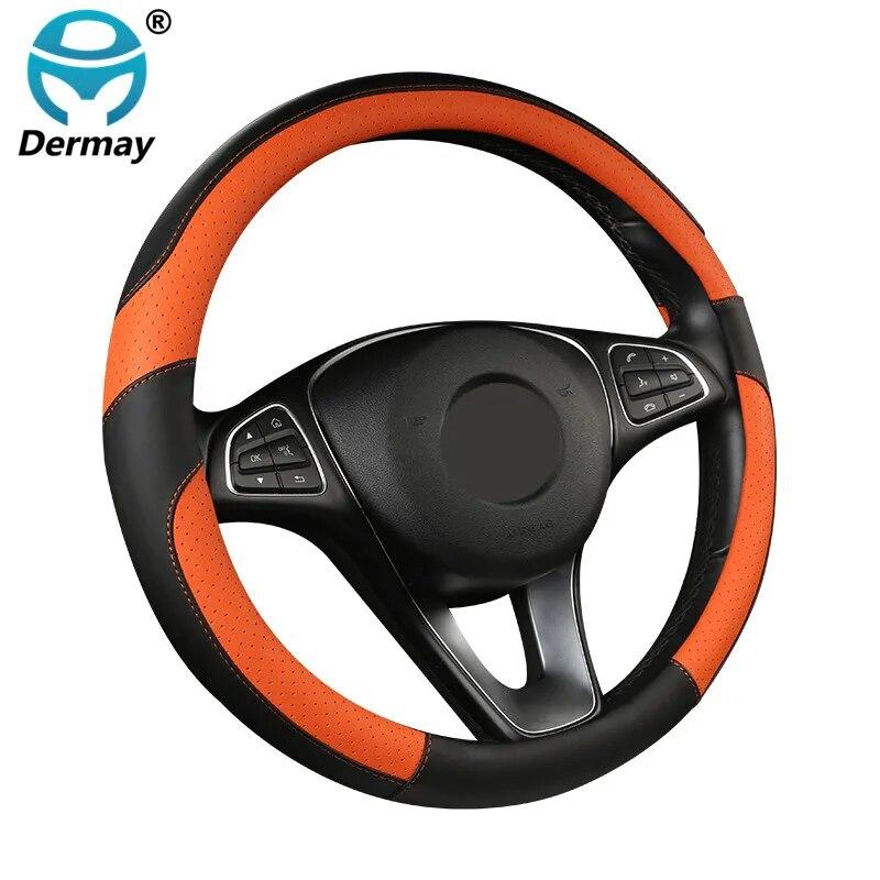 DERMAY  New Car Steering Wheel Cover PU Leather M Size Fit Standard Steering Wheel 37-38cm(14-15") Non-slip & Easy Install